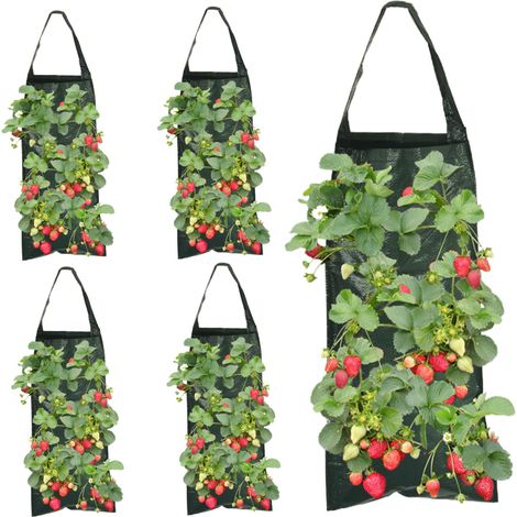 5pcs Planteur de Fraises Suspendu 23,6 8 Trou à l'envers Plavier Tomate Portable Sacs de Culture Suspendus avec poignée pour l'herbe Chili