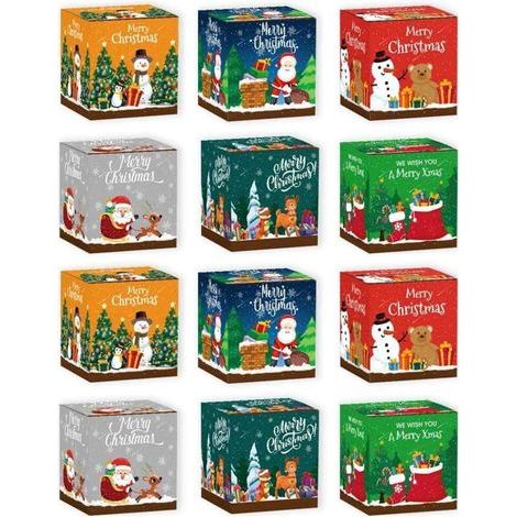 Coffret cadeau de Noël 12 pièces – Boîtes à friandises 3D en papier cartonné – Dimensions 7 x 7 x 7 cm – Motifs festifs imprimés (1/5)