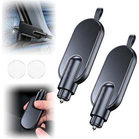 Lot de 2 marteaux de sécurité 2-en-1 pour voiture, brise-vitre et coupe-ceinture, verre de test inclus, outil d'urgence portable pour sécurité routière, noir (1/5)