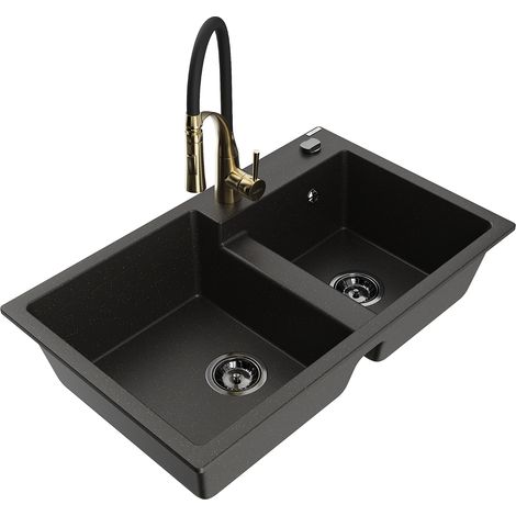 Mexen Tomas lavello da cucina in granito con 2 vasche e miscelatore Aster, nero/oro metallizzato - 6516-75-73450-57-B (1/5)