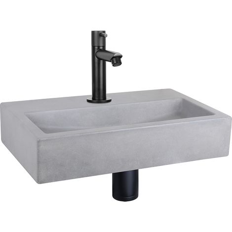Differnz Flat kit lave-mains - 38x24x8cm - Rectangulaire - 1 trou de robinet - Robinet droit noir mat - Béton gris (1/5)