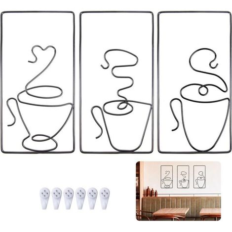Décoration Murale en Métal, Cadres Decoratif Murales Fer Tasse à Café Art Minimaliste Muraux pour Cafe \u200bCuisine Salon de Thé Restaurant Pub Deco, 3Pcs Noir, 24 x 12 cm (1/5)