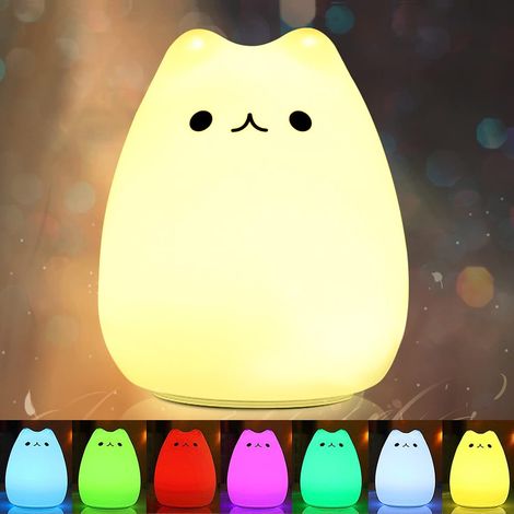 Veilleuse LED portable pour enfants, lampe chat multicolore en silicone, blanc chaud et 7 couleurs respirantes, commande tactile sensible via USB (1/5)