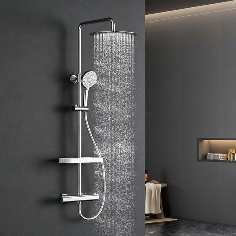 Système de douche avec thermostat, mitigeur de douche complet avec douche à effet pluie ronde de 30 cm, en acier inoxydable, 3 types de jets, douchette à main ABS, système de douche avec pommeau de (1/5)