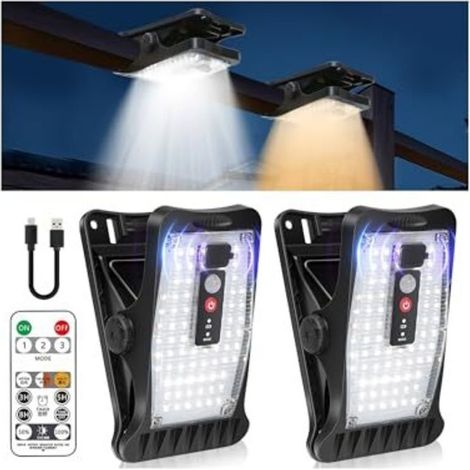 Luces solares para exteriores, juego de 2 con detector de movimiento con clip, 70 LED y 3 temperaturas de color, alimentación USB y control remoto, para iluminación de jardines y cercas. (1/5)