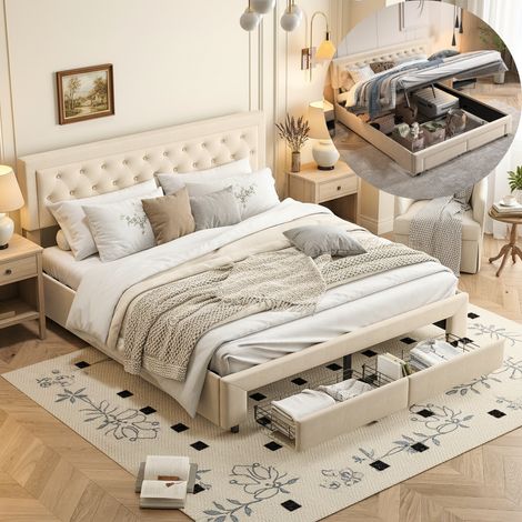 Lit double 180x200 avce 2 tiroirs, lit coffre velours – sommier lattes, rangement – Tête de lit losanges, Beige (1/5)