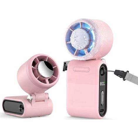 Tragbarer Handventilator mit Eiskühlung，3-in-1-Akku-Taschenventilator mit LED-Anzeige，bis zu 10 Stunden Kühlleistung，100) für Reisen，Pink