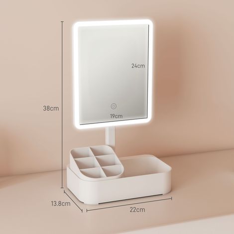 Miroir de maquillage avec fonction de variation d'intensité lumineuse à 2 niveaux, rotation à 180° et organiseur de maquillage (blanc) (1/5)