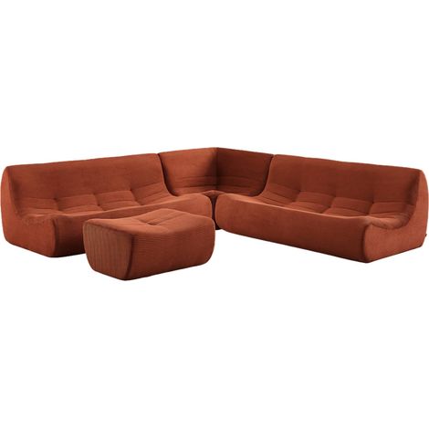 sweeek - Modulares Ecksofa für 7 Personen mit Cordbezug und Hocker, Cord, Terrakotta