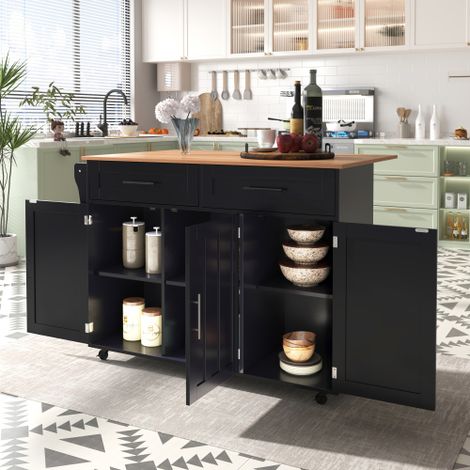 Desserte / Buffet (avec plan de travail rabattable et étagères intérieures derrière les portes) — Îlot mobile à 5 roulettes avec placard de rangement et 2 tiroirs — Adapté aux espaces repas — Noir