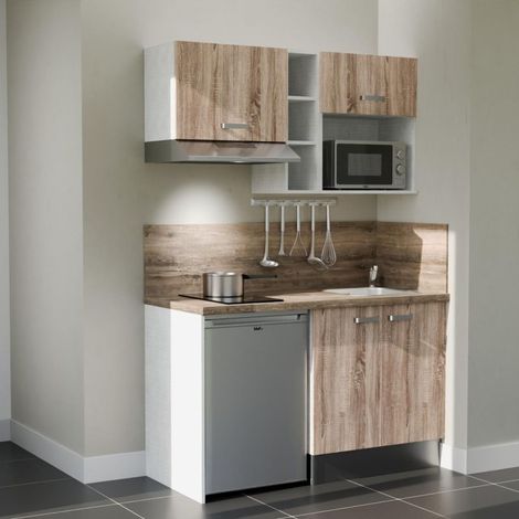 Kitchenette K13L-PT - 140 cm - plan stratifié, évier inox, - Façade Bois - Plan Bois - Evier Inox - Crédences Oui + Electroménager inclus coloris Inox