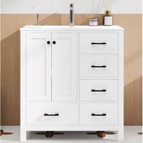 Meuble vasque de salle de bain sur pied 76x46x82 cm, MDF et céramique, blanc (1/5)