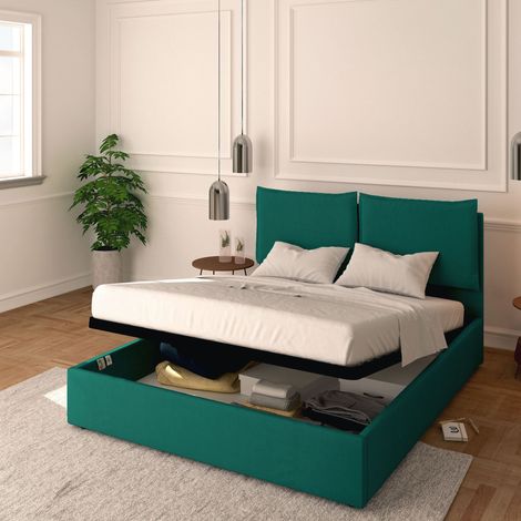 Baldiflex Letto Contenitore Matrimoniale 160x190 Licia in Tessuto con Rete a Doghe colore Turchese Turkis (1/5)