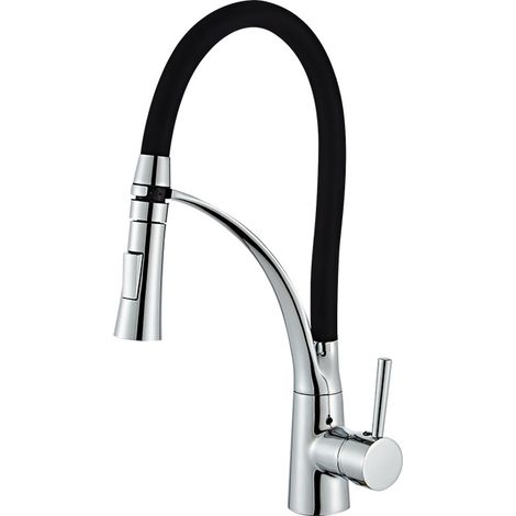 Mitigeur Cuisine, Robinet Cuisine Douchette, Flexible Robinet avecTuyau en Silicone Noir, Cuivre Solide, PEX Tuyau, Chrome. (1/5)