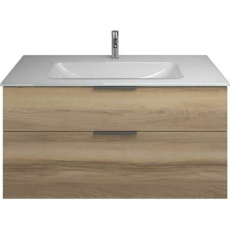 Burgbad Eqio Glas-Waschtisch mit Unterschrank, 2 Auszüge und Griffleiste Frassino Dekor Cappuccino/Alpinweiss 122 cm Schwarz matt (1/3)