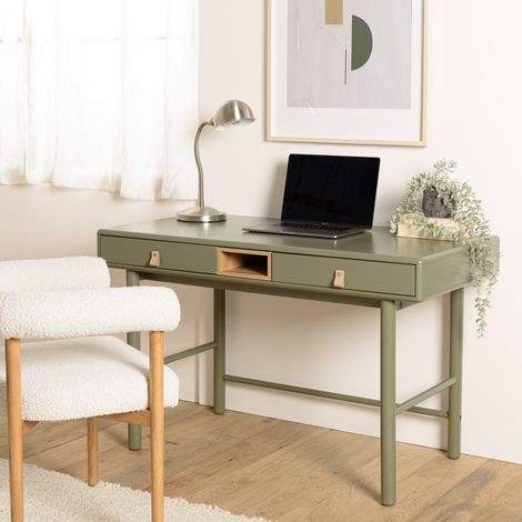 ETHAN - Bureau vert 2 tiroirs et 1 niche en bois naturel (1/5)