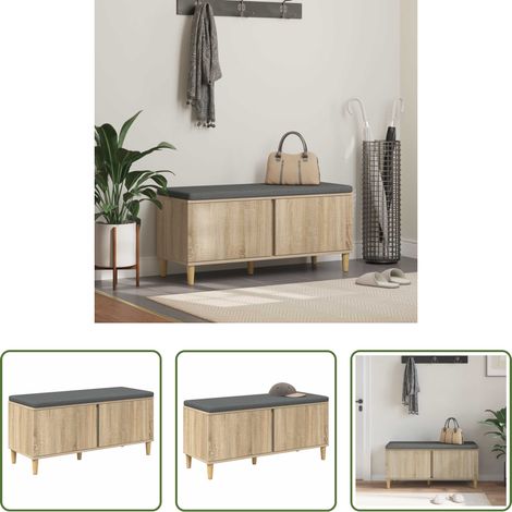 vidaXL Holzbank - Flurbank mit Kissen mit Speicher Sonoma-Eiche 100 x 38 x 46 cm (1/5)