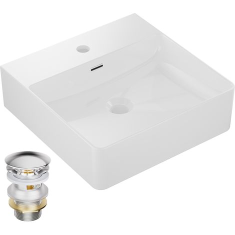 CECIPA MAX Lavabo de cerámica de 42 x 42 cm – Lavabo de sobreencimera y mural, color blanco, con rebosadero e incluye válvula clic-clac – Cuadrado – Para baño y aseo de invitados (1/3)