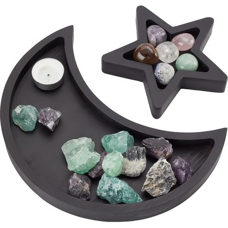 Plateau en cristal de bois, plateau, lune, étoile, cristal, plateau de présentation, plateau à bijoux pour pierres, bijoux, plateau pour huiles essentielles, cristaux, support de rangement (1/5)