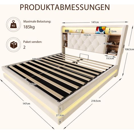 Lit capitonné 140x200 cm avec rangement, velours, tête multifonction, LED, 2 USB et Type-C, hydraulique, sommier et étagères ouvertes, beige. (1/5)