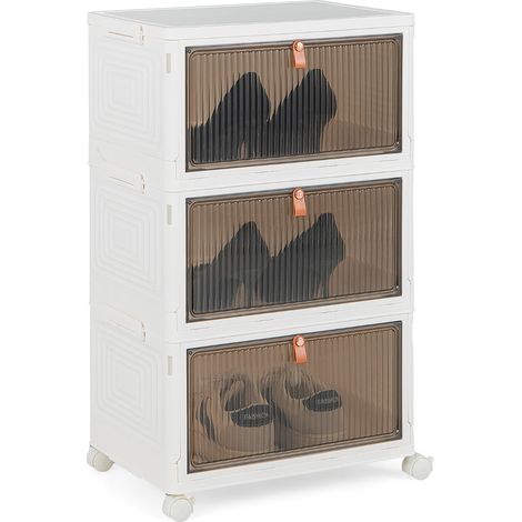 Scarpiera pieghevole a 3 piani con porte magnetiche ruote bloccabili, Mobile scarpe impilabile Bianco 40x27,5x64cm (1/3)