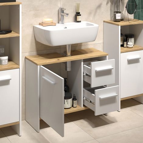 Mueble bajo lavabo Karli, Roble blanco/dorado, 70.2 x 57 cm Con 2 cajones y 1 puerta, Vicco (1/5)