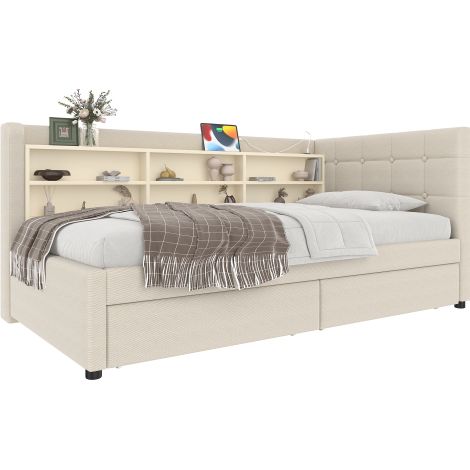 Daybett, Tagesbett, Schlafsofa, mit 2 Schubladen, Schreibtisch, USB + Typ C, Flip Top Aufbewahrungsfach, Ablagefach, Bett mit Lattenrost (ohne Matratze), Leinen
