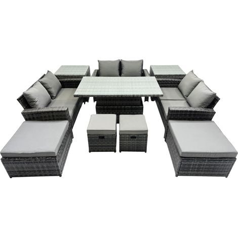 Fimous Outdoor Love Sofa Set 10 Seat Rattan Garden Furniture Set with Adjustable Lifting Dining or Coffee Table 2 Side Tables Dark Grey Mixed (1/5)