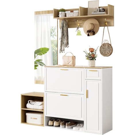 ELVMI Flurmöbel-Set mit Schuhschrank, Sitzbank, Wandpaneel und Spiegel, Spanplatte, Weiß Natur, 139.5 x 35 x 166 cm (1/5)