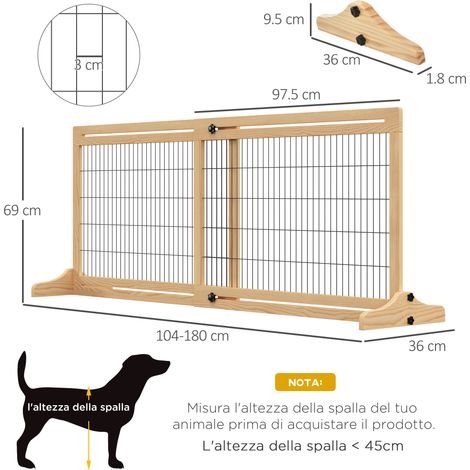 Barrière rétractable pour chien d'intérieur (pin et acier), 104-180 x 36 x 69 cm, aspect bois (1/5)