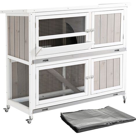 PawHut Two-Tier Wooden Rabbit Hutch, with Wheels, Trough, Rain Cover, Tray (1/5)