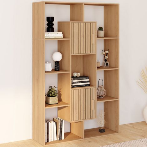 Estantería COLETTE con 11 compartimentos y 2 compartimentos JULIETTE efecto listones 143 cm
