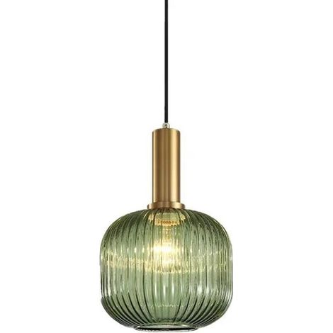 Ineasicer – Suspension luminaire industrielle en verre vert 20cm – Douille E27 – Abat-jour rayé – Support en cuivre doré – Câble ajustable 1,2m (1/4)