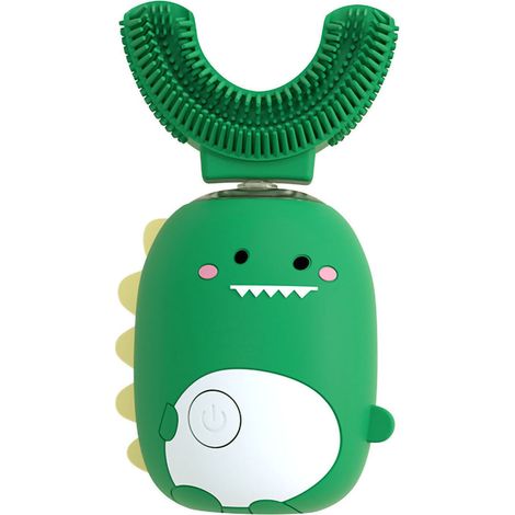 Brosse à dents électrique en forme de U pour enfants, étanche IPX7, automatique, motif dinosaure, verte.-AquaForge (1/5)