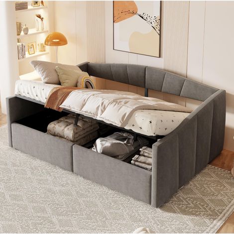 Canapé-lit capitonné 140x200cm, suspension hydraulique, sommier à lattes et accoudoirs, rayures classiques, lit double modulable, revêtement en velours doux au toucher, gris, garantie 2 ans