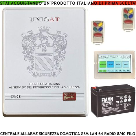 Impianto Allarme Filo Esistente Sostituzione Centrale Unisat 8 Zone Optional 40 Gestita da RFID 2 Radiocomandi da APP 8 Aree 50 Utenti Funzioni Programmabili Domotica GSM/GPRS LAN Batteria 12 V 7 Ah (1/4)