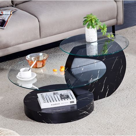 Tavolino rotondo 78,5x78,5x24,5 cm in vetro temperato e MDF, design multistrato, nero e trasparente (1/5)