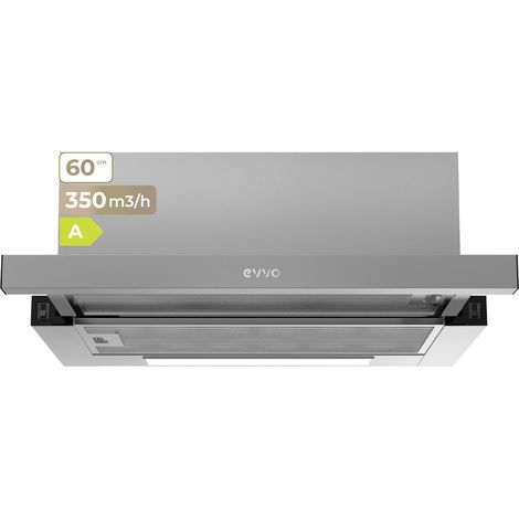 EVVO Campana Extractora Telescópica CE10, Ancho 60 cm, Potencia 350 m³/h, Filtro de Aluminio de 3 capas, 2 Velocidades, Filtro de Carbón Activo, Luz LED, Eficiencia Energética A, Acabado Inox