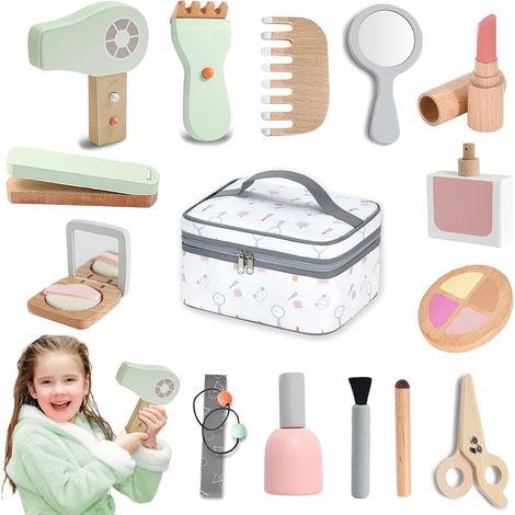 Coffret de maquillage factice en bois - Adorable salon de beauté pour filles de 3 à 7 ans, comprenant de jolis accessoires de maquillage factices et une trousse de rangement. Cadeau idéal pour les ann (1/5)