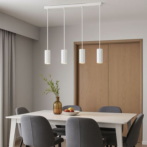 Pendelleuchte Hängeleuchte Esstischleuchte 4 flammig Deckenleuchte weiß hängend, Metall Aluminium, 4x GU10 Fassungen, LxBxH 61x6x120 cm