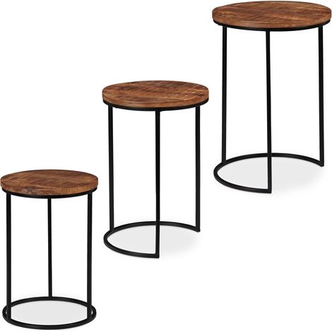 Lot de 3 tables gigognes rondes design industriel salon chambre 57,5 x 41 cm en bois de mangue noir (1/5)