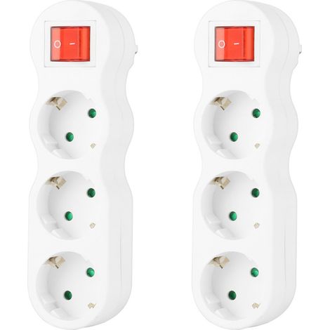Multiprise murale lot de 2 – 3 prises Schuko avec interrupteur – 3500W 16A – Design compact pour bureau et voyage – Blanc – Cilia