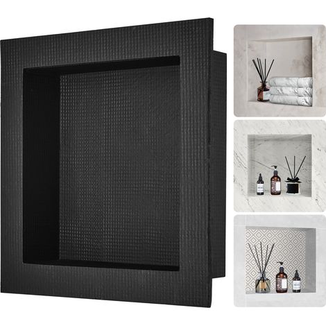 Niche Encastrable Salle de Bain 40,64x40,64x10 cm Niche Douche Murale Étagère Simple en Plastique XPS Coins Carrés Protection Scellée Moderne pour Stockage de Savon Douche Salle de Bains, Noir (1/5)