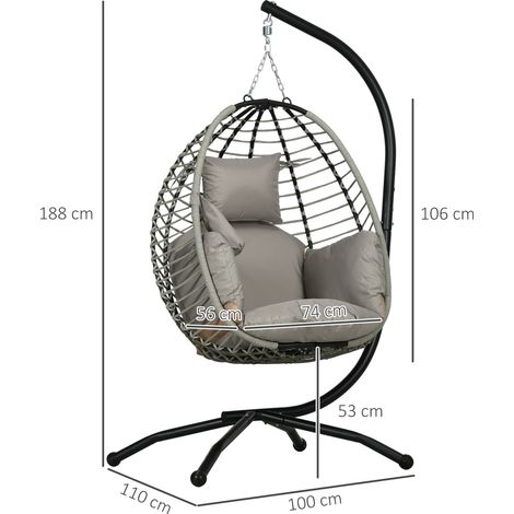 Chaise suspendue gris avec coussins et panier pliant,structure acier charge 120kg style rotin,confortable pour jardin et balcon.