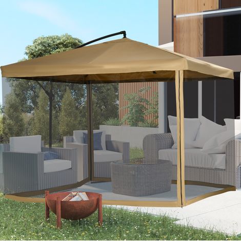 Sonnenschirm Stahl Beige 295 x 295 cm mit Kurbel, Neigefunktion, Windöffnung, Moskitonetz und Standfuß (1/5)