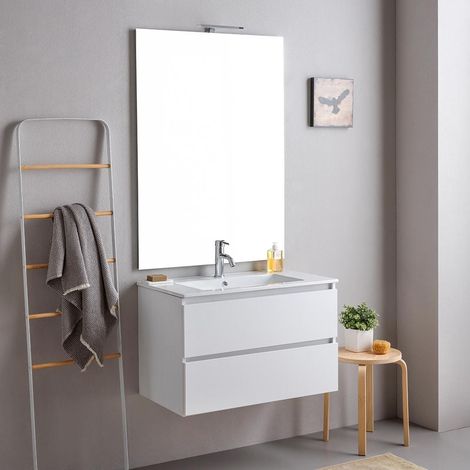 Mobile Bagno Sospeso 80Cm 2 Cassetti Bianco Con Specchiera 80X110 Bilbao