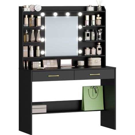 Coiffeuse avec Miroir et éclairage LED, Luminosité Réglable, Coiffeuse avec étagères et 2 Tiroirs, Table de Maquillage pour Chambre à Coucher, Salon,Noir (1/5)