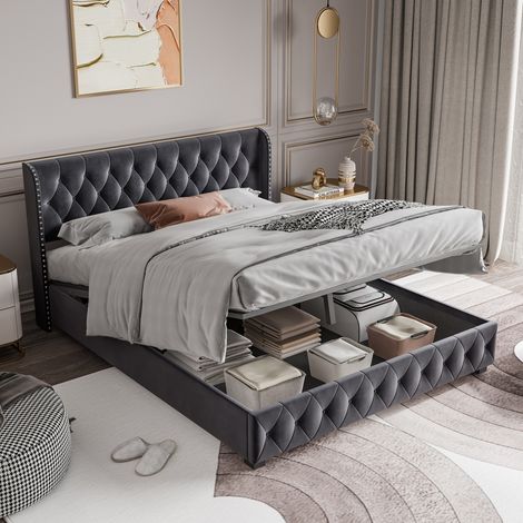 Lit coffre 140x190 en velours gris foncé - Sommier à Lattes - avec tête de lit capitonnée - lit chambre moderne - élégant clouté (1/5)