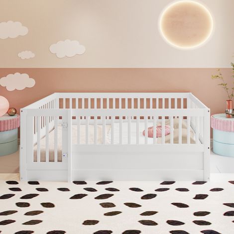 Lit enfant 140x200 au sol avec barrière et porte HAVRYA (1/5)