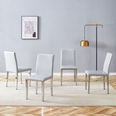 Lot de 4 chaises à manger gris-argent PU texturé pieds métal,style minimaliste européen pour salle à manger et salon.